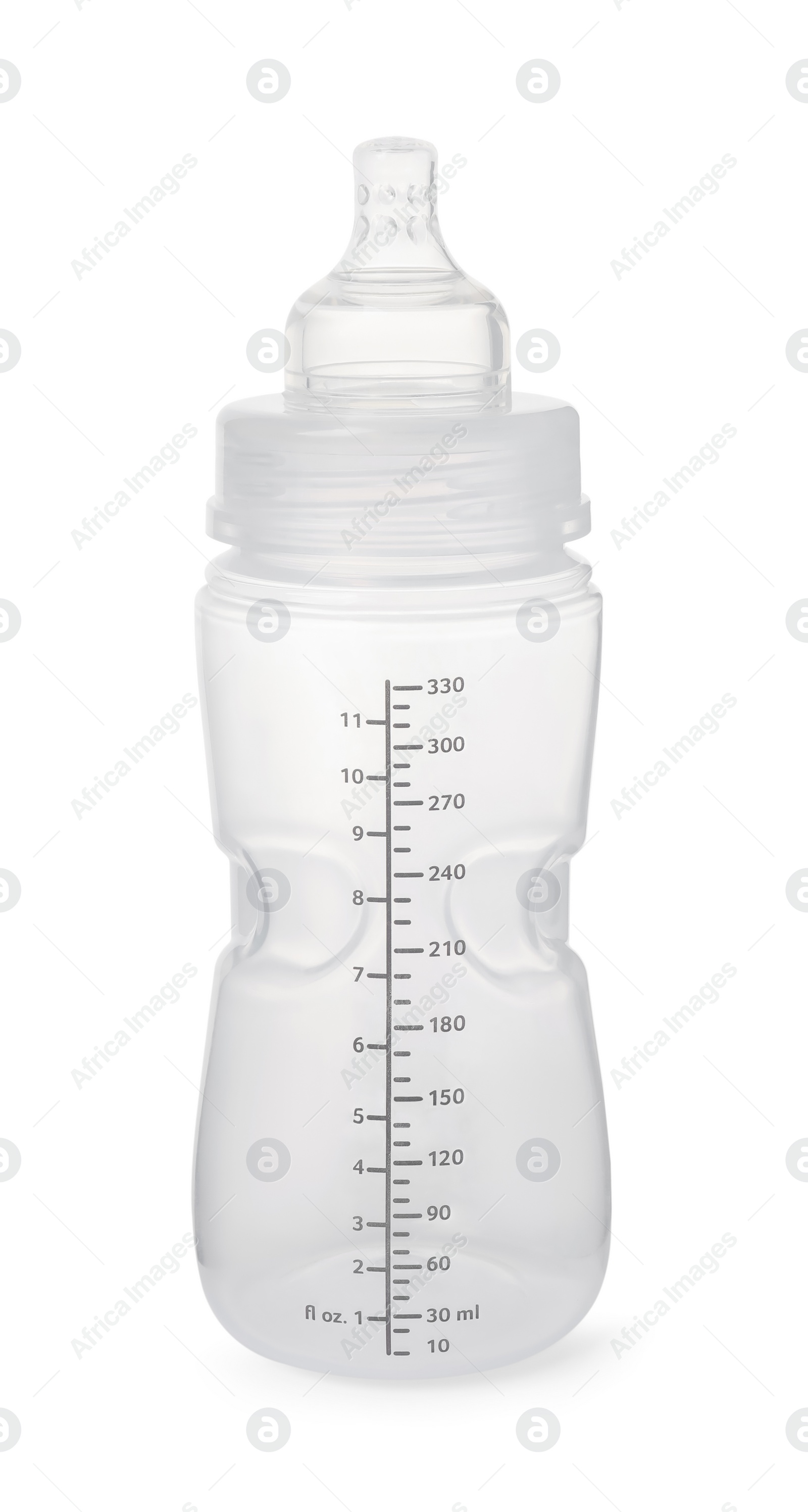 Photo of One empty feeding bottle for baby milk isolated on white