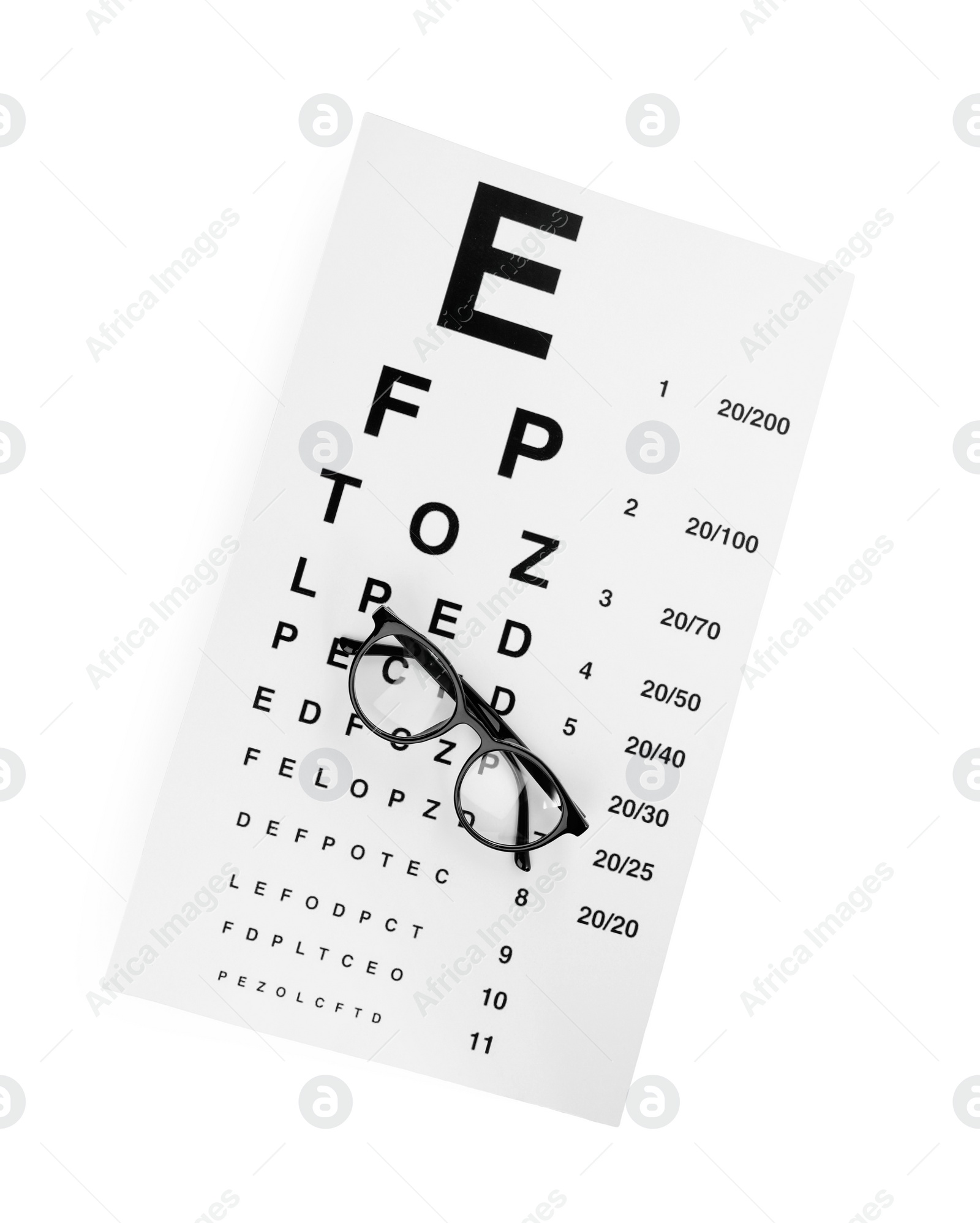 Photo of Eye chart test and glasses on white background, top view. Ophthalmologist tools