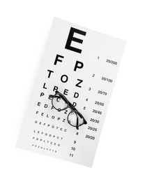 Eye chart test and glasses on white background, top view. Ophthalmologist tools