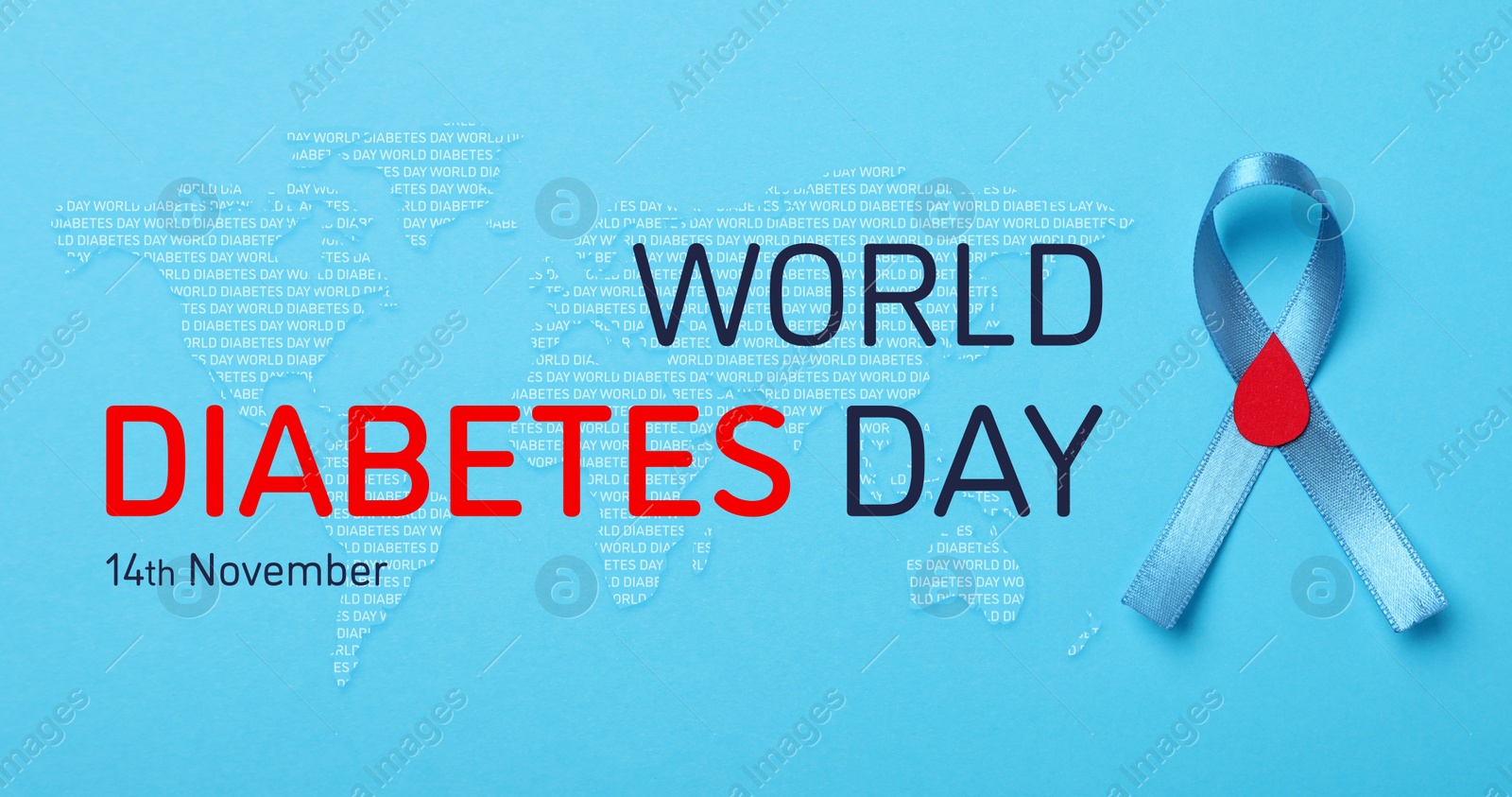 Image of World Diabetes Day, banner design. Light blue ribbon with paper blood drop, top view. Illustration of world map on color background