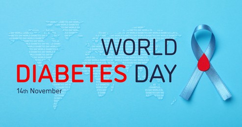 World Diabetes Day, banner design. Light blue ribbon with paper blood drop, top view. Illustration of world map on color background