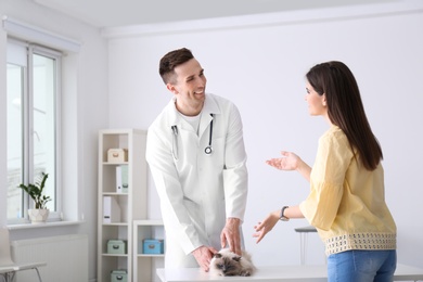 Photo of Young veterinarian examining cat in clinic