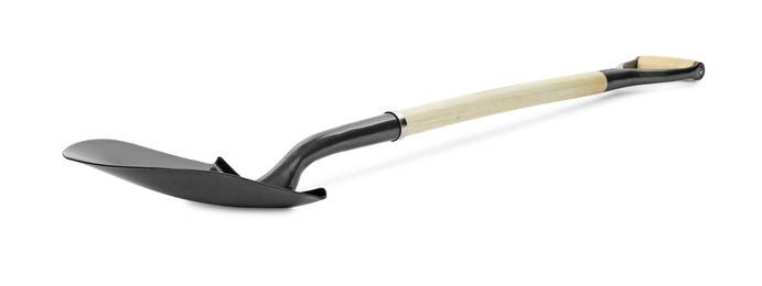 Photo of One new shovel with wooden handle isolated on white. Gardening tool