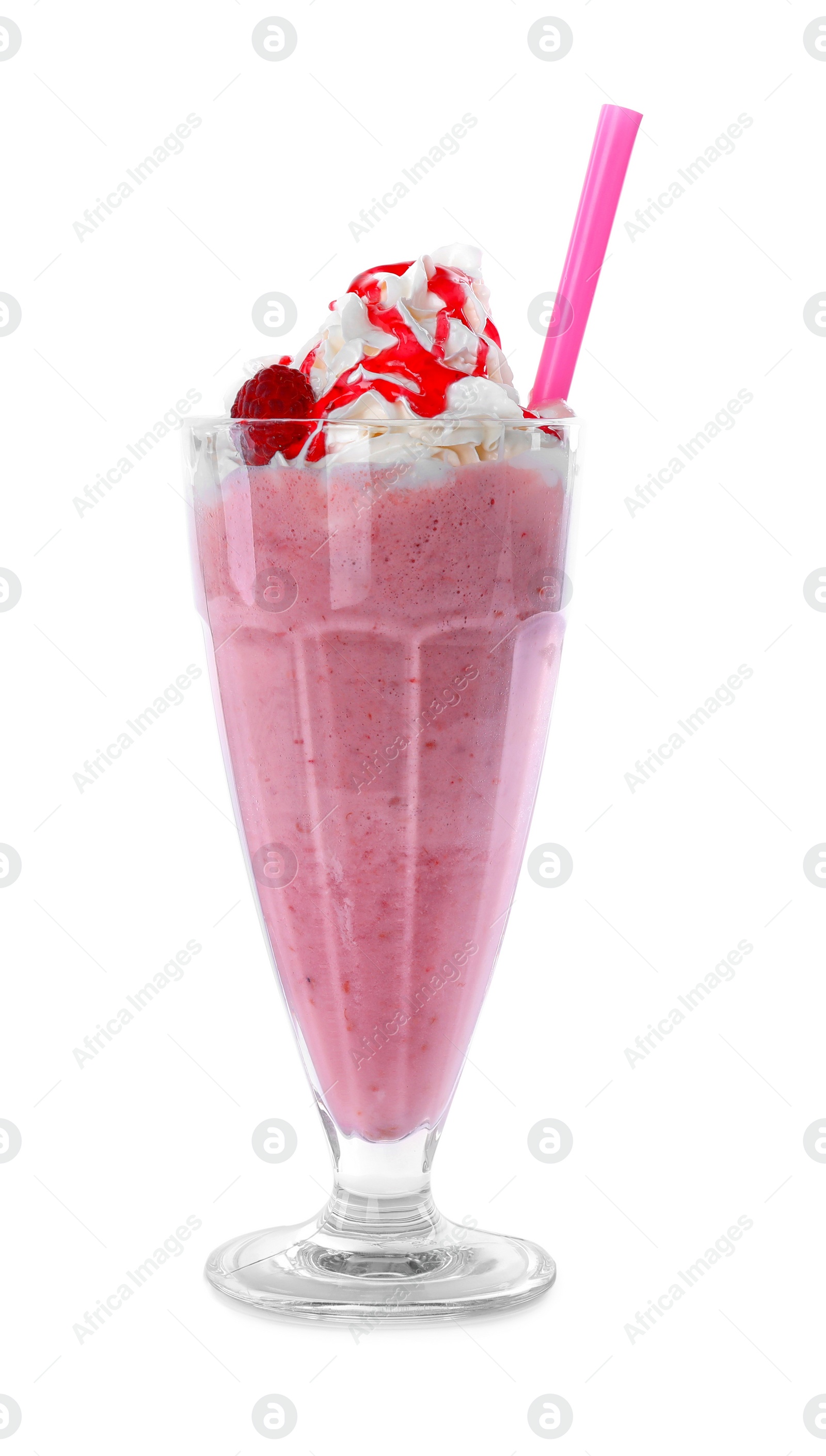 Photo of Tasty fresh milk shake in glass on white background