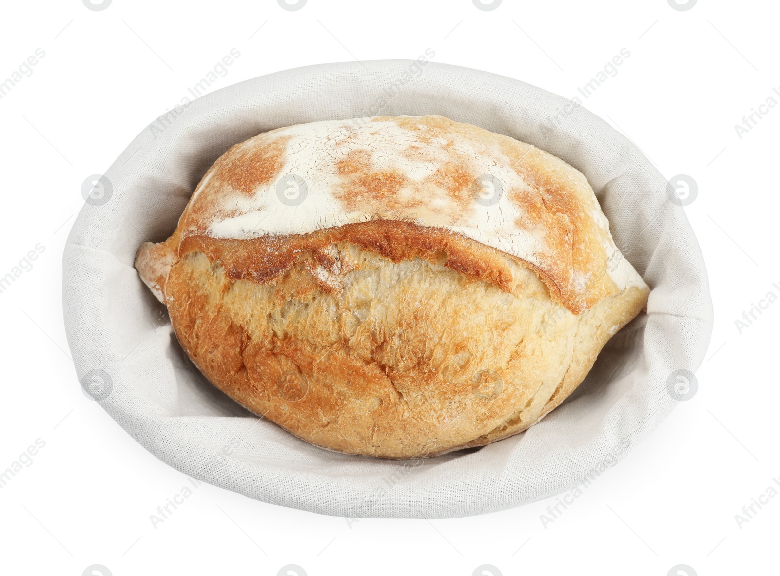 Photo of Basket with fresh bread isolated on white, top view