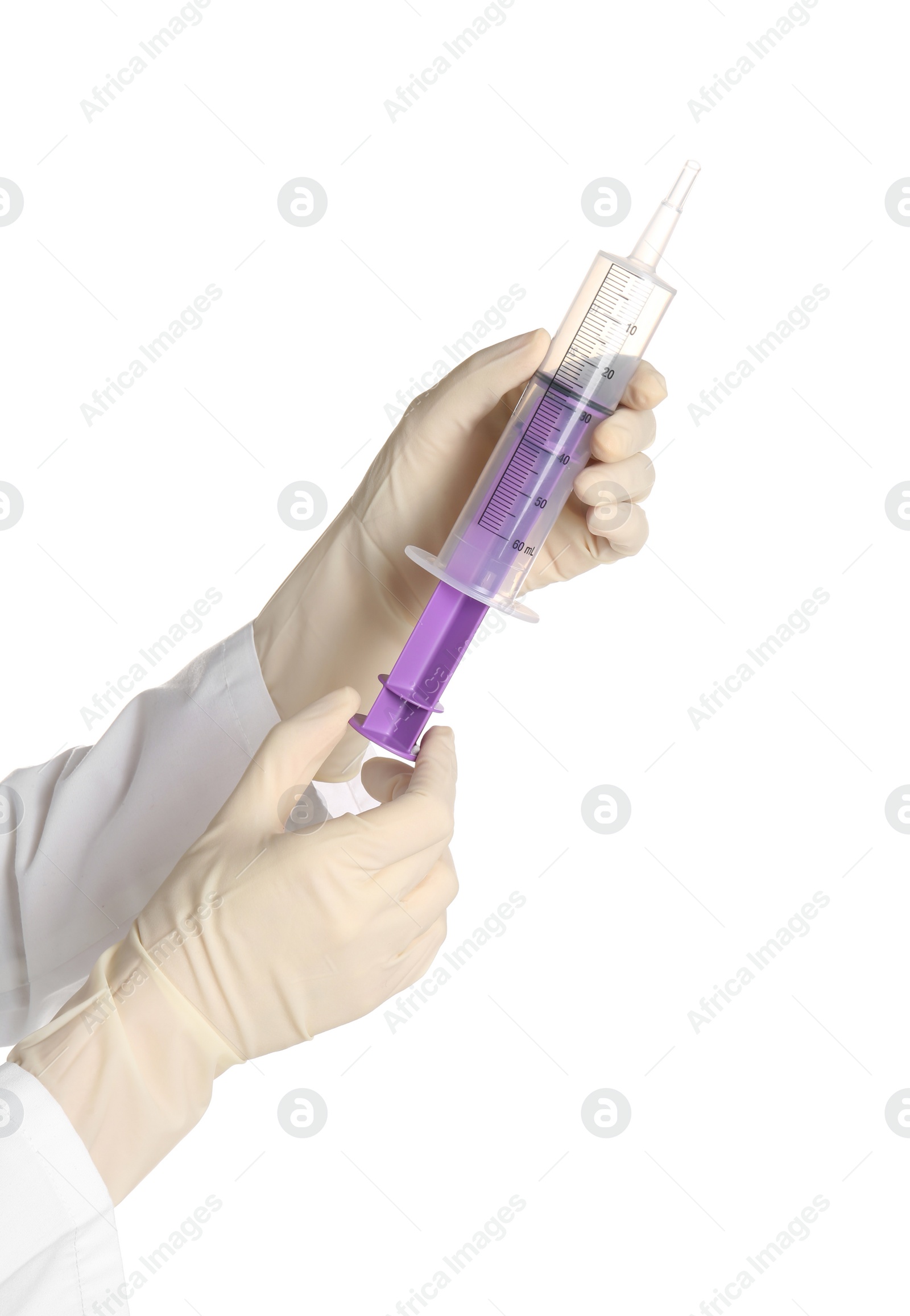 Photo of Doctor in medical gloves holding syringe on white background