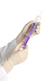 Photo of Doctor in medical gloves holding syringe on white background