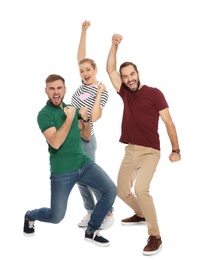 Young people celebrating victory on white background