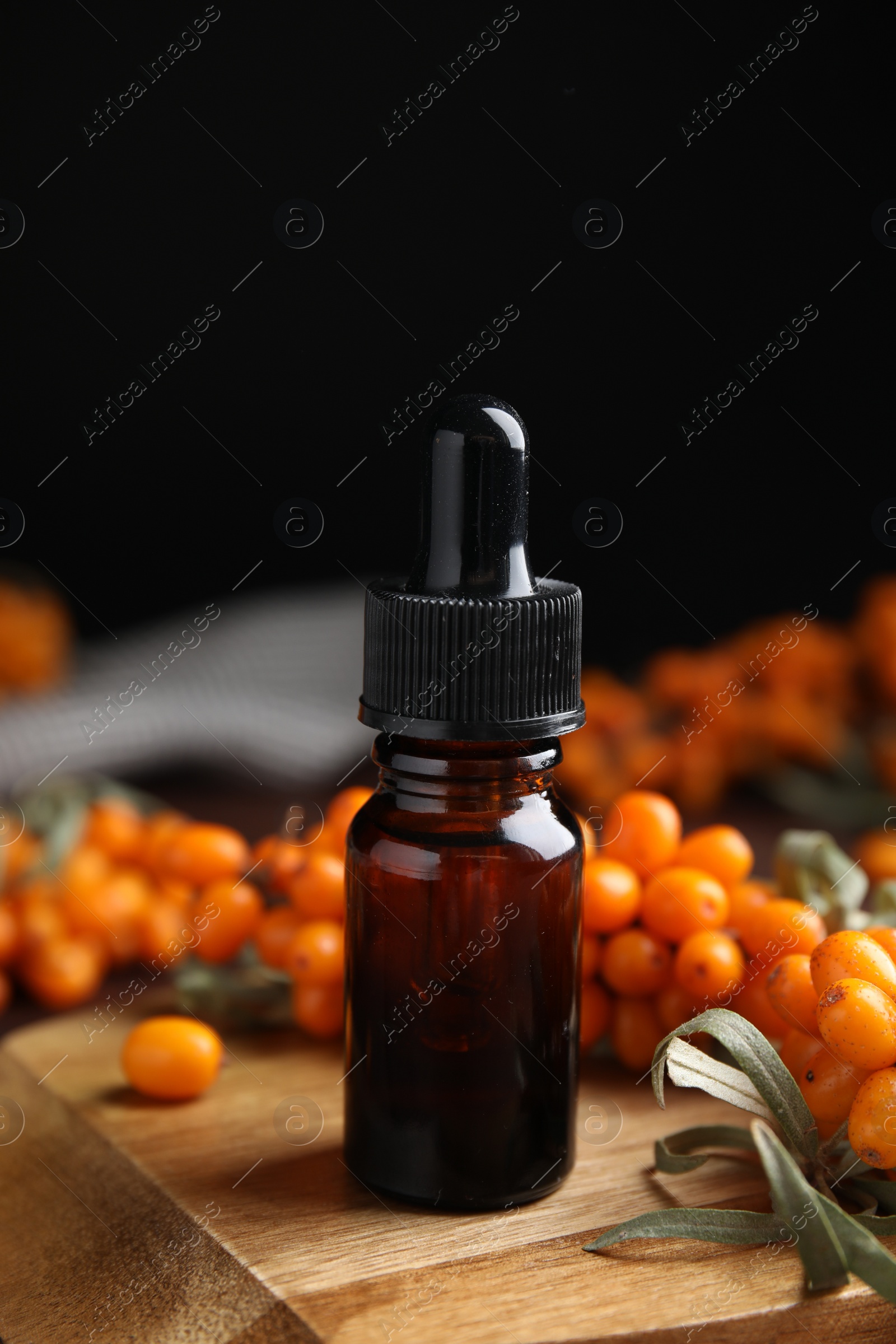 Photo of Ripe sea buckthorn and bottle of essential oil on wooden board against black background