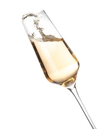 Glass of champagne on white background. Festive drink