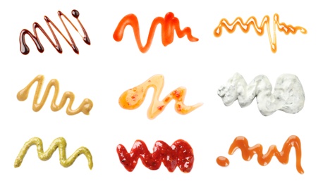 Image of Set with samples of different sauces on white background