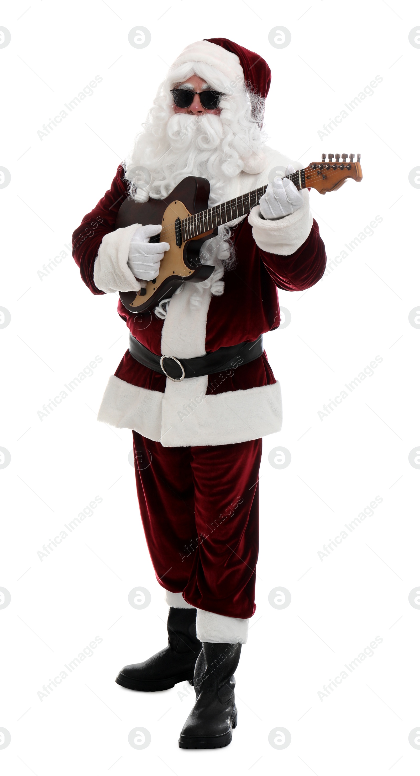 Photo of Santa Claus playing electric guitar on white background. Christmas music