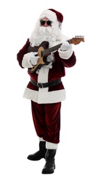 Santa Claus playing electric guitar on white background. Christmas music