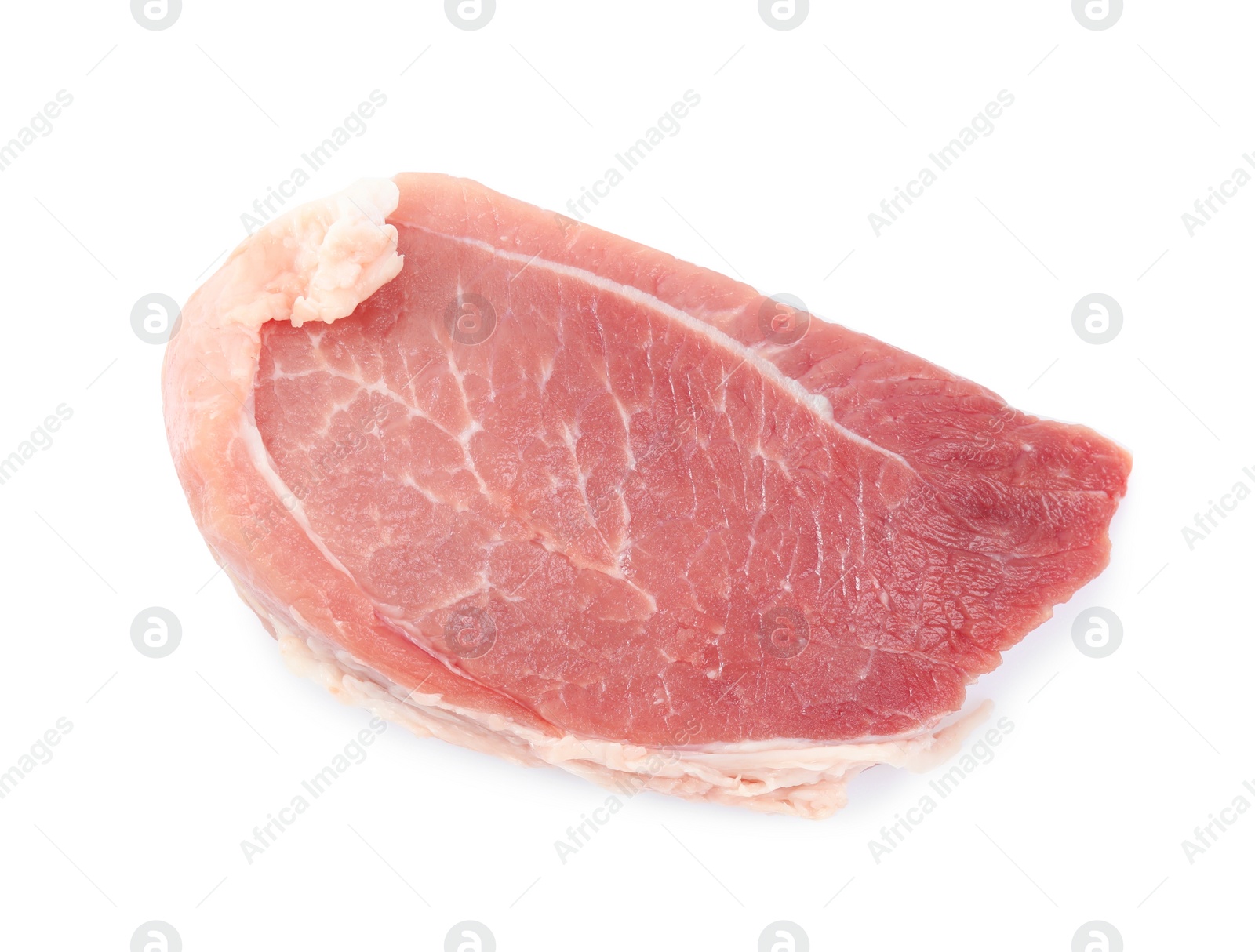 Photo of Piece of raw meat isolated on white, top view