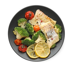 Photo of Tasty cod cooked with vegetables isolated on white, top view