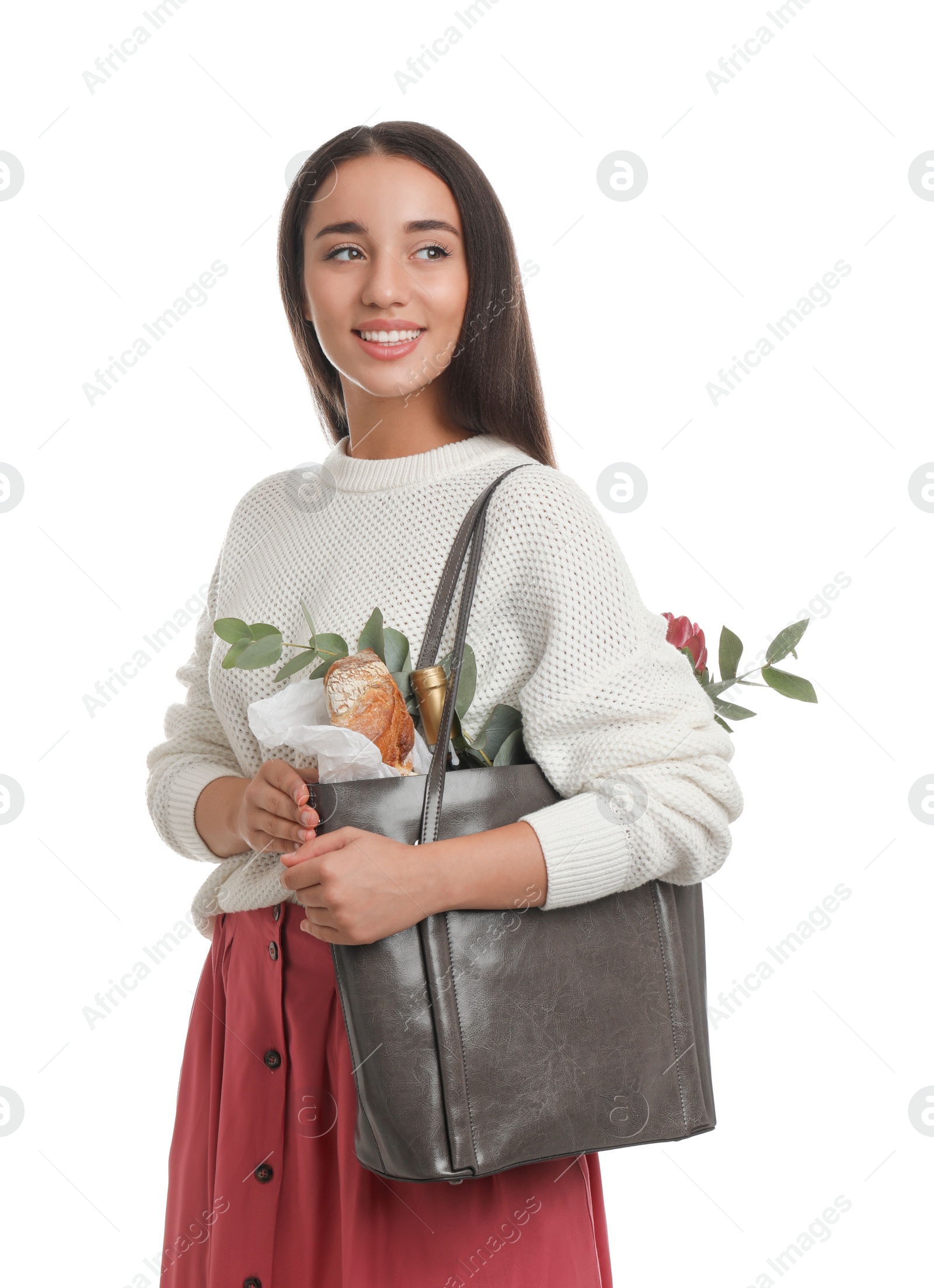 Photo of Young woman with leather shopper bag on white background