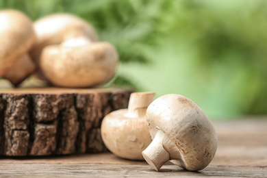 Photo of Fresh champignon mushrooms with wooden stump on blurred background, closeup