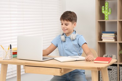 Photo of Boy with headphones using laptop at desk in room. Home workplace