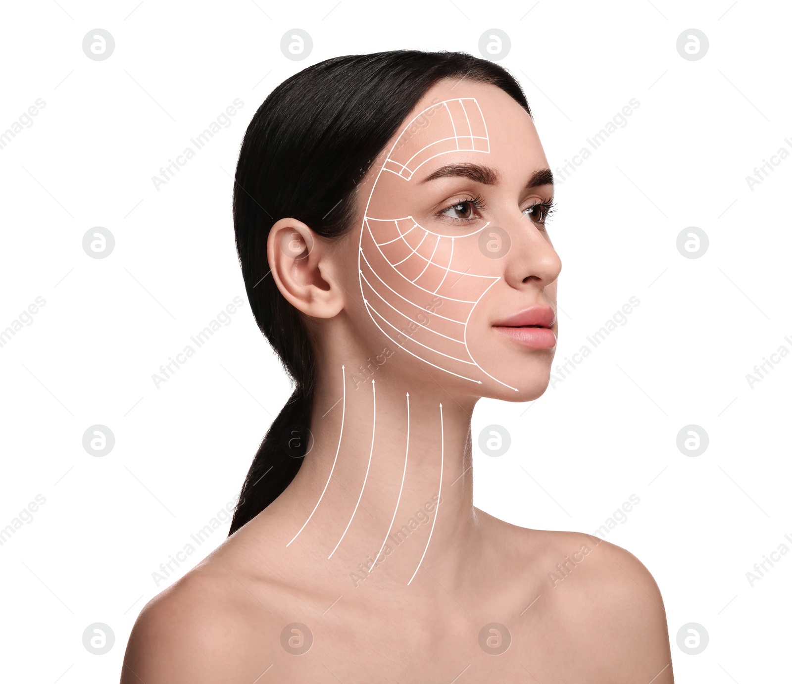 Image of Attractive woman with perfect skin after cosmetic treatment on white background. Lifting arrows on her face