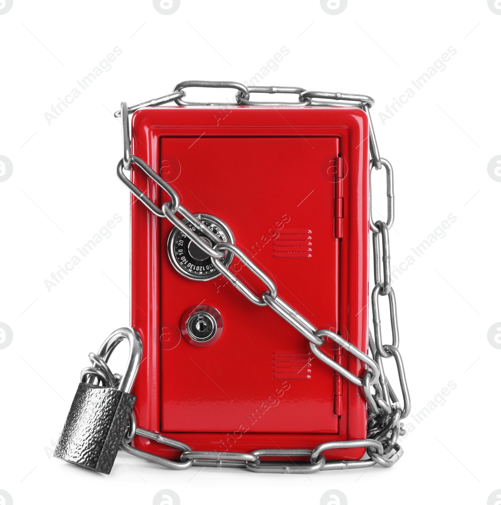Photo of Red steel safe with chain and padlock isolated on white