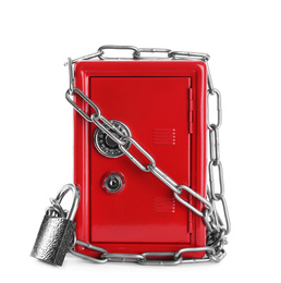 Red steel safe with chain and padlock isolated on white
