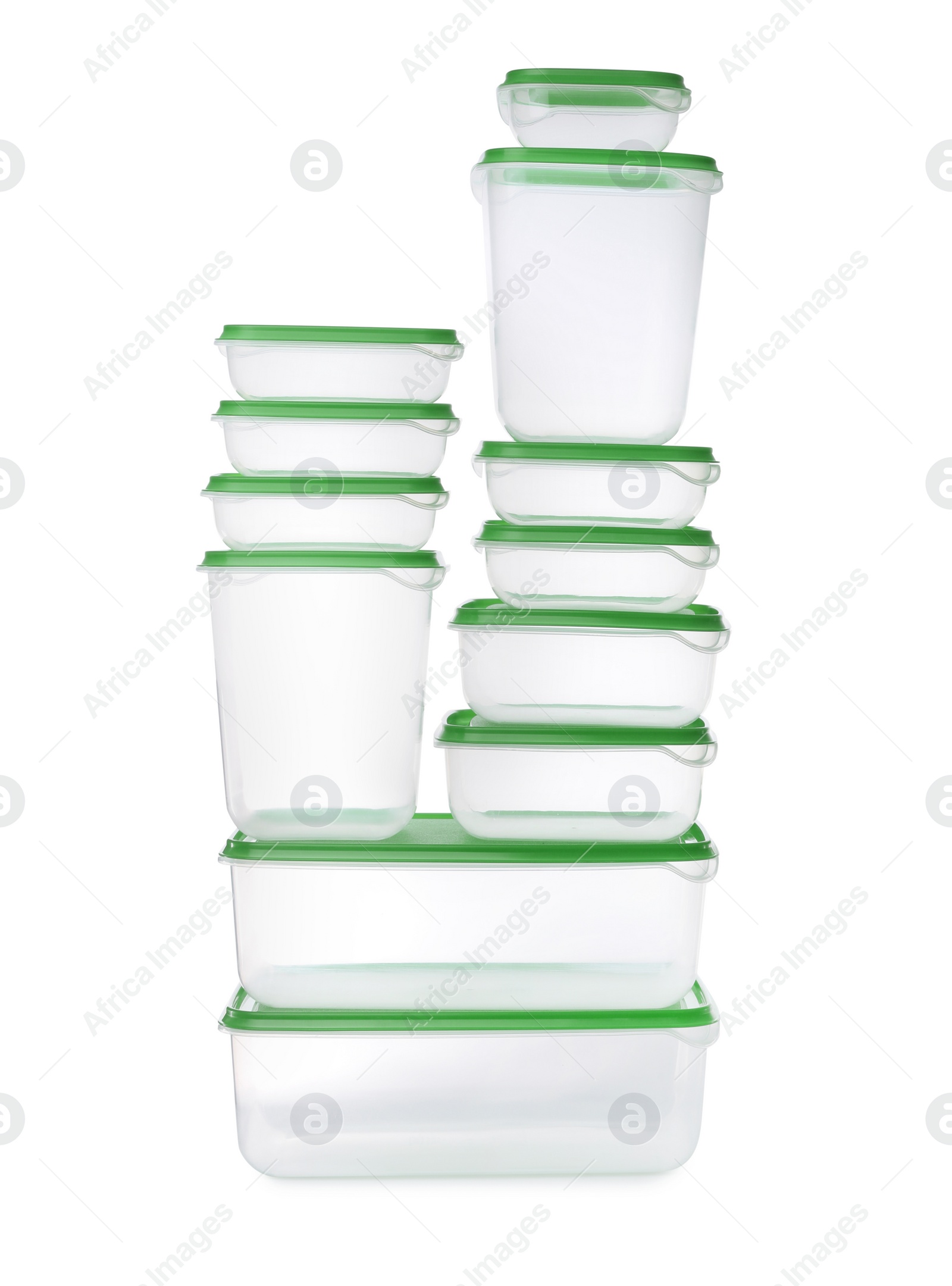 Photo of Set of empty plastic containers for food on white background