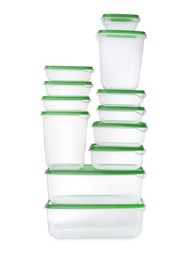 Set of empty plastic containers for food on white background