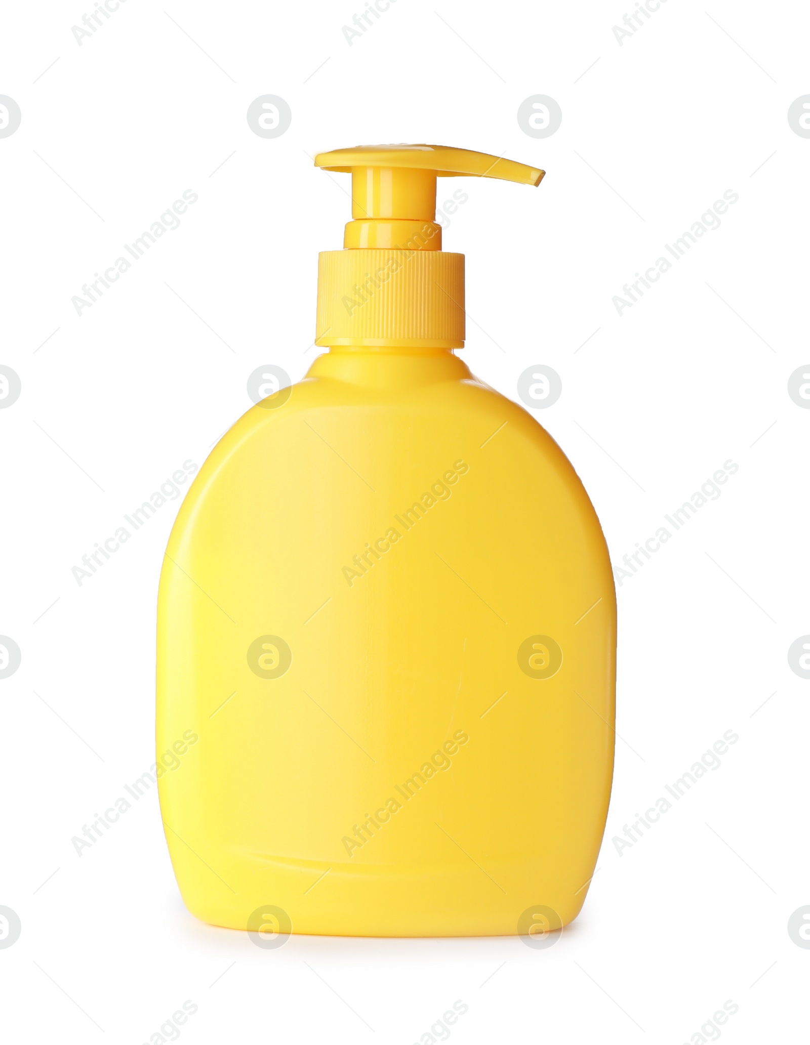 Photo of Yellow plastic dispenser isolated on white. Mockup for design