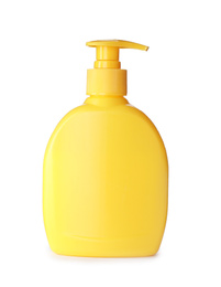 Photo of Yellow plastic dispenser isolated on white. Mockup for design