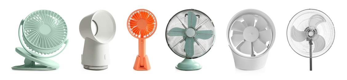 Image of Set of different fans on white background, banner design