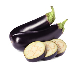 Photo of Tasty raw ripe eggplants on white background