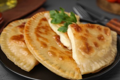 Delicious fried chebureki with cheese and parsley on grey table, closeup