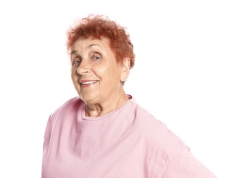 Portrait of elderly woman on white background