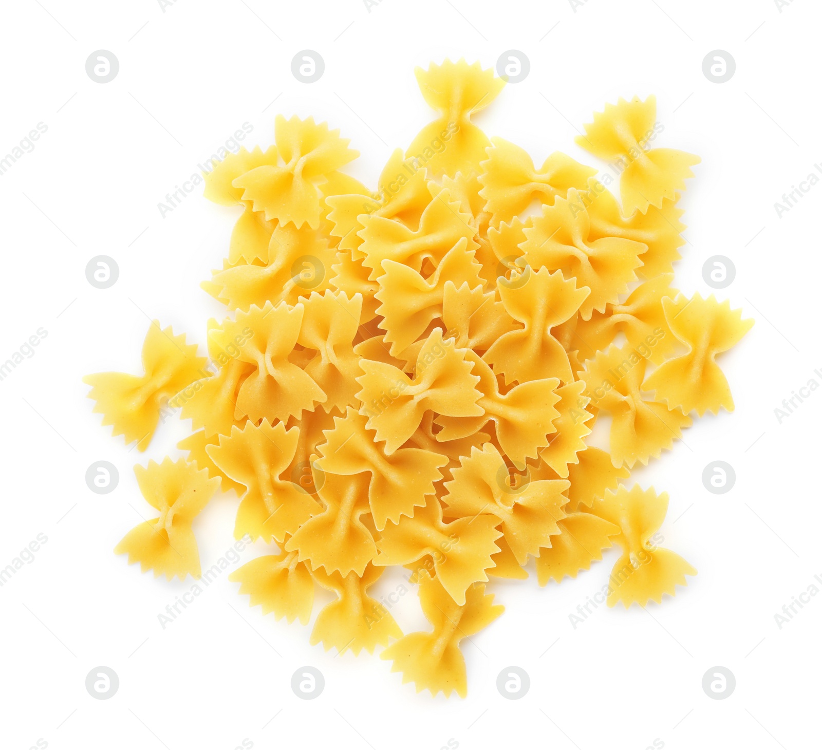 Photo of Uncooked farfalle pasta on white background, top view