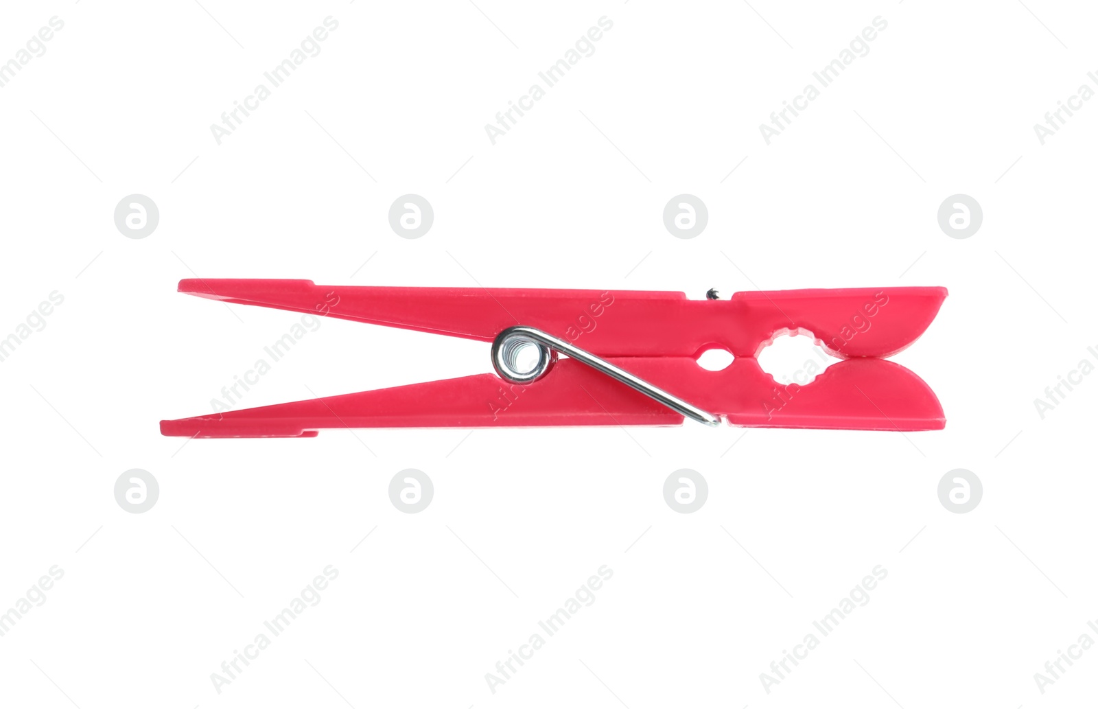 Photo of Bright pink plastic clothespin isolated on white