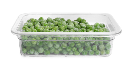 Photo of Frozen peas in plastic container isolated on white. Vegetable preservation