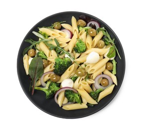 Plate of delicious pasta with broccoli, onion and olives on white background, top view