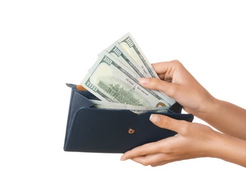 Young woman with wallet and dollar bills on white background, closeup