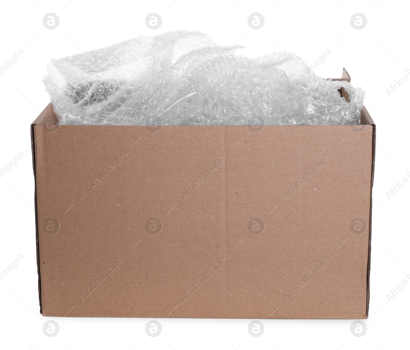 Photo of Transparent bubble wrap in cardboard box isolated on white