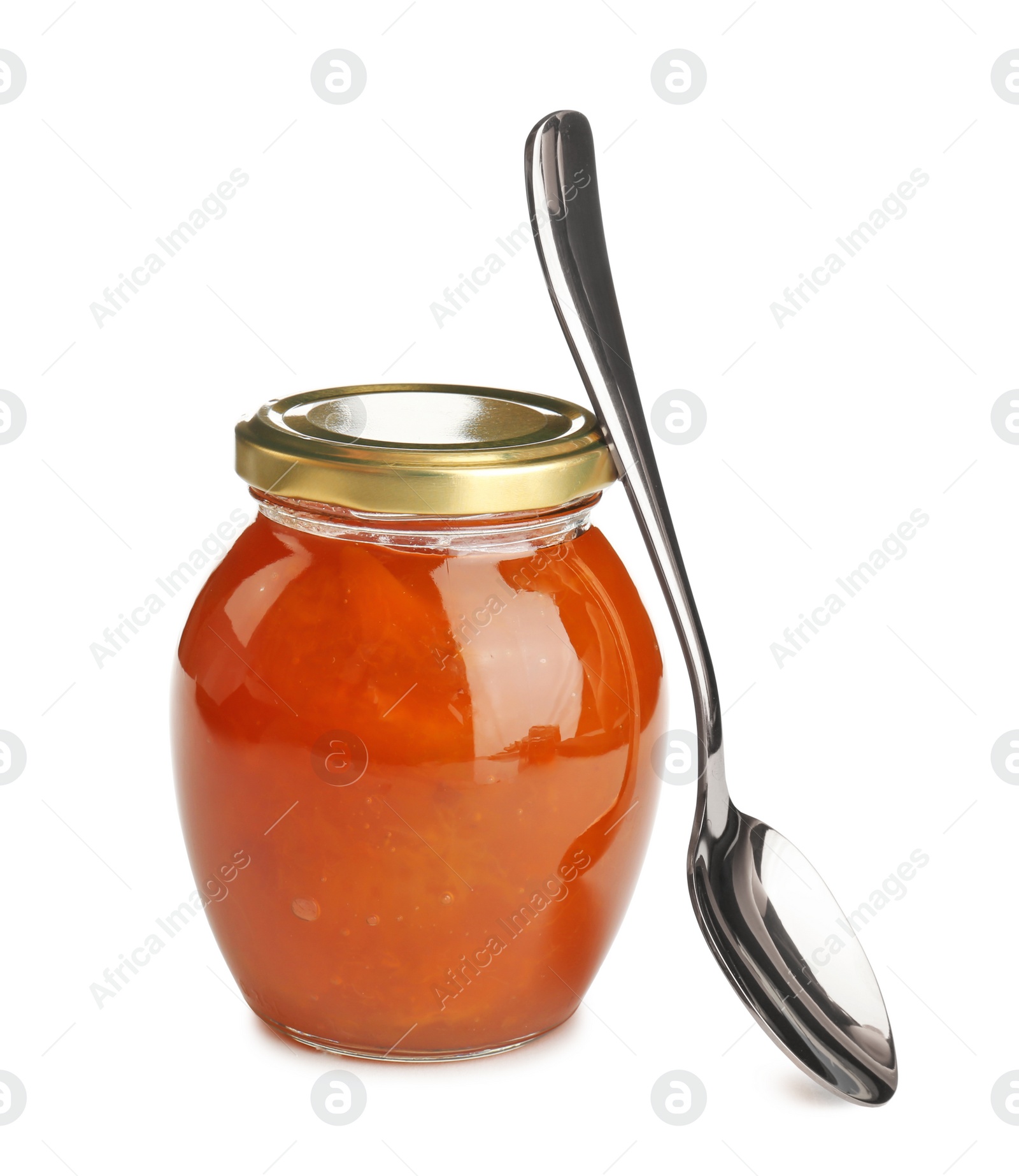 Photo of Jar with sweet jam and spoon on white background