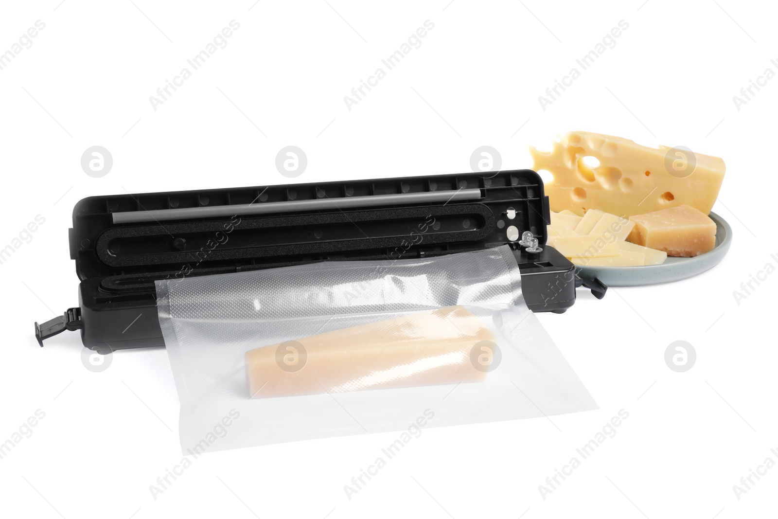 Photo of Vacuum packing sealer and plastic bag with cheese on white background