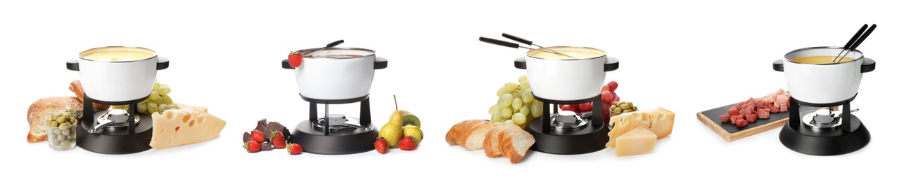 Set with different fondue pots and products on white background. Banner design