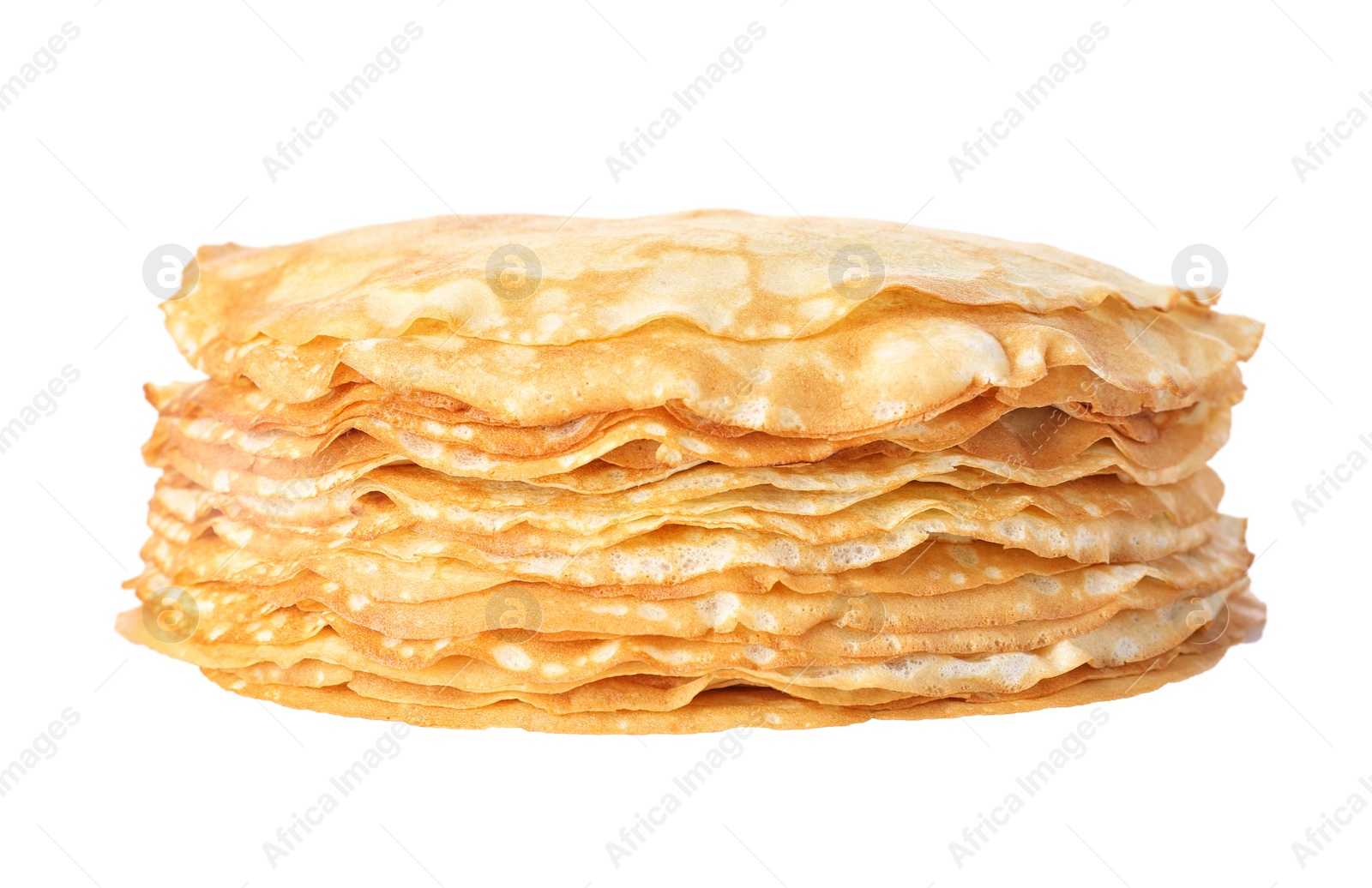 Photo of Stack of tasty thin pancakes on white background