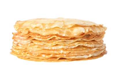 Stack of tasty thin pancakes on white background