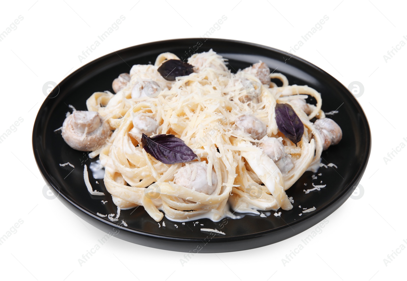 Photo of Delicious pasta with mushrooms on white background