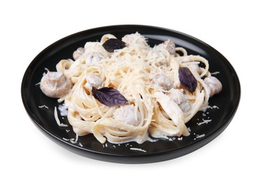 Delicious pasta with mushrooms on white background