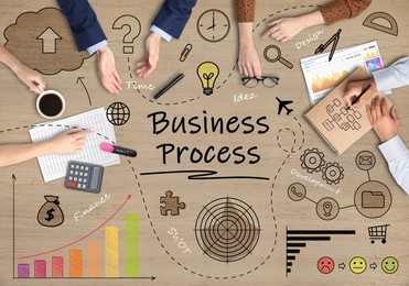 Image of Discussing business process. People and different illustrations on wooden background, top view