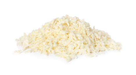 Photo of Heap of delicious mozzarella cheese on white background