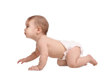 Photo of Cute little baby in diaper crawling on white background
