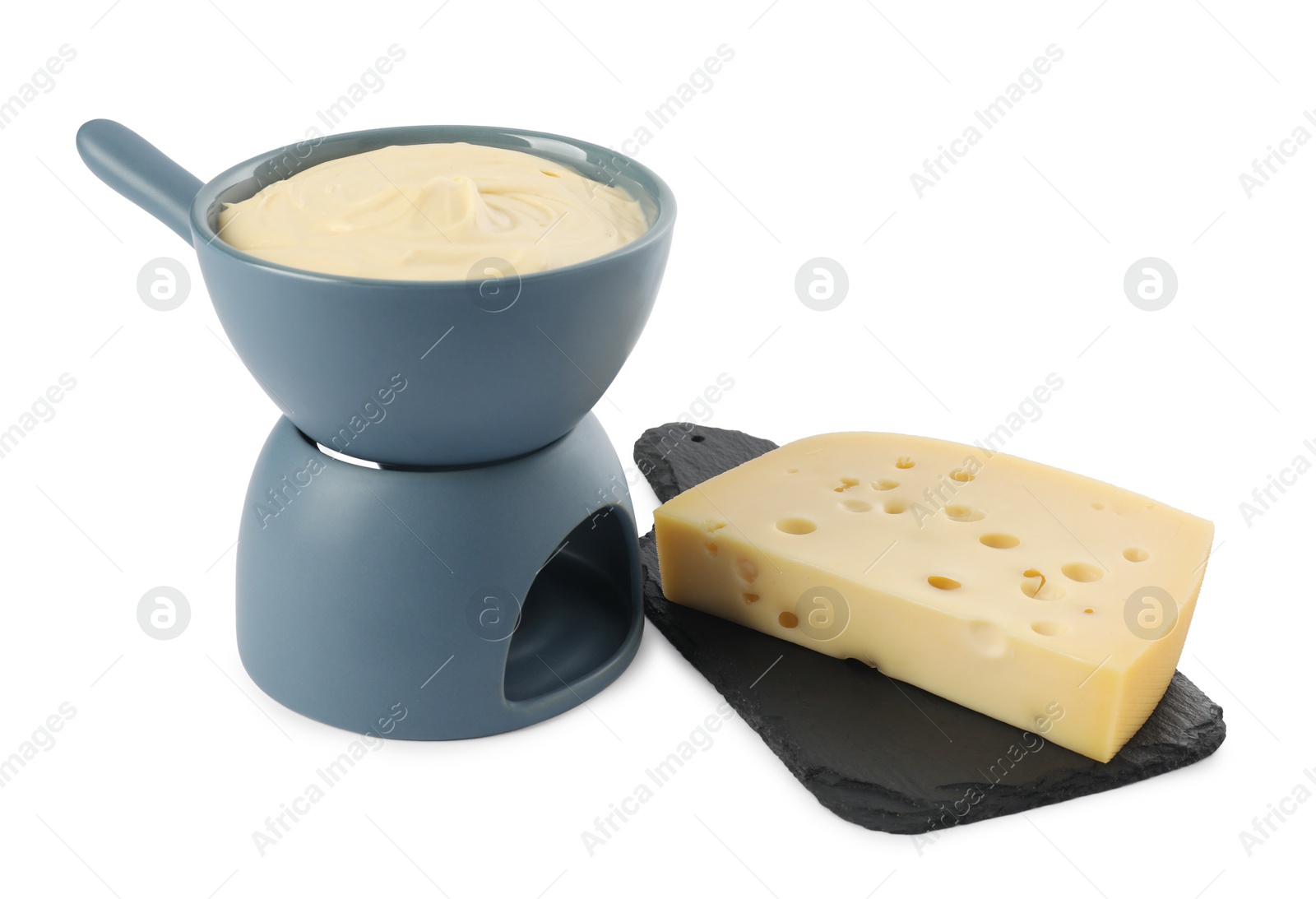 Photo of Fondue with tasty melted cheese and piece isolated on white